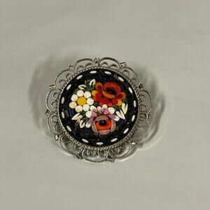 Vintage Round Silvertone Vintage Millefiori Micro Mosaic Flower Brooch